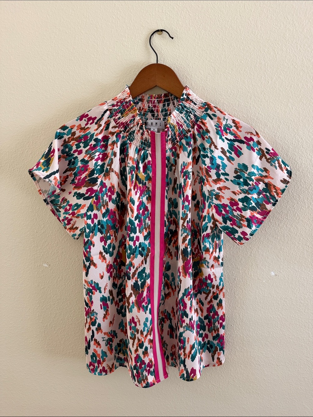 THML Smocked Neck Short Sleeve Top in Pink, Teal & Brown Print